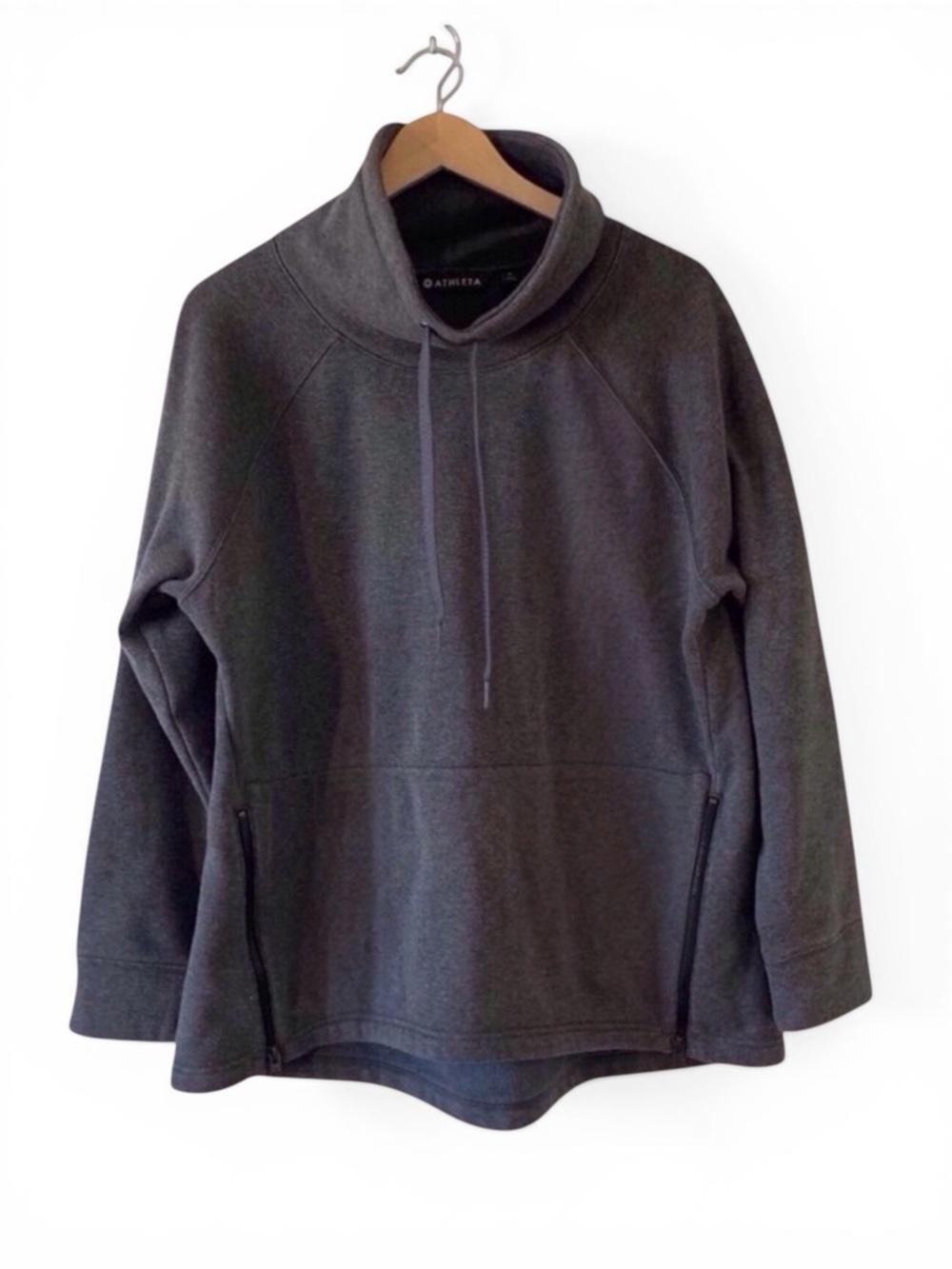 Athleta Cowl Neck Pullover Sweatshirt Charcoal Gray Fleece Lined Side Zip Size L